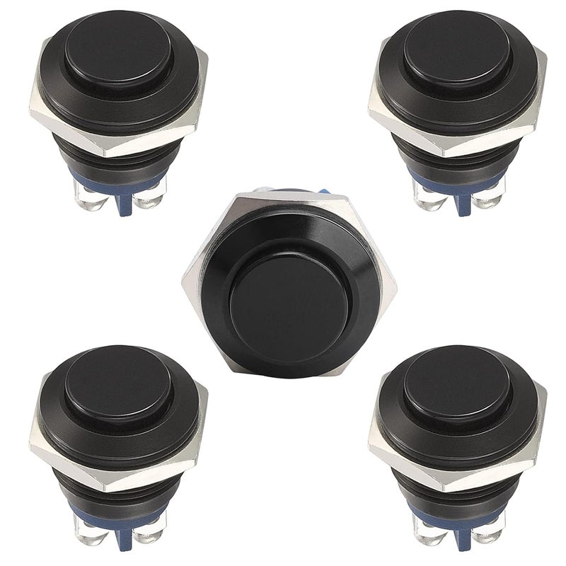 STARELO 5pcs 16mm Momentary Push Button Switch Black Shell, IP65 Waterproof Push Button Switch,Aluminum Alloy 1 Normally Open Without LED. - Image 1